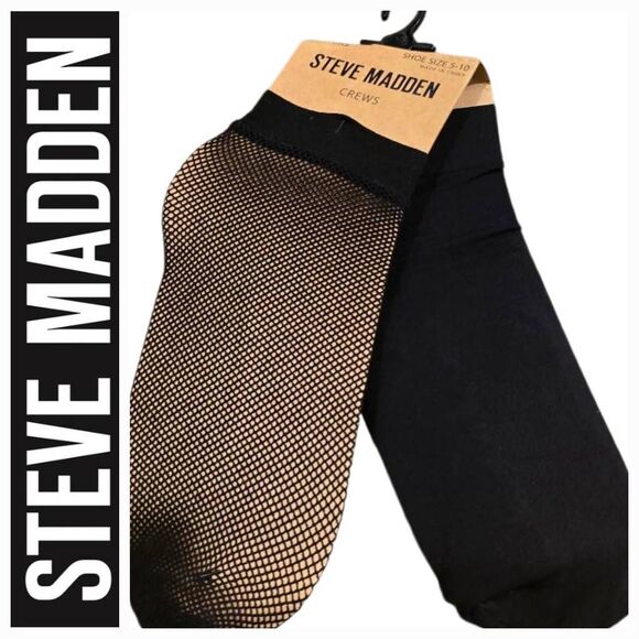 Steve Madden 2-PK Fishnet/Black Crew Socks - Picture 1 of 6